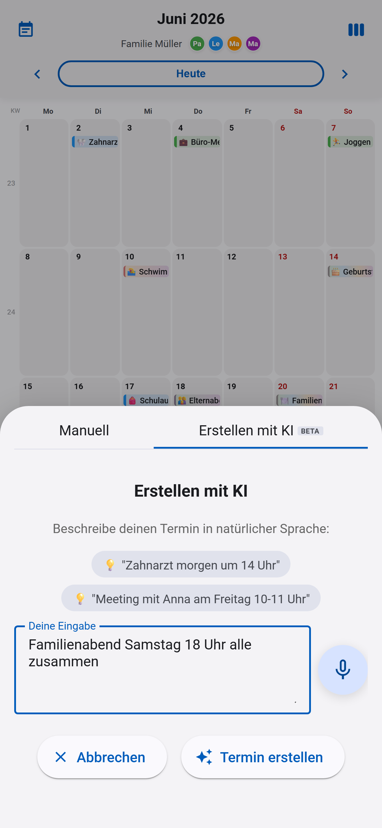 Calenduo erstellt einen Termin aus einem hingeschriebenen Satz